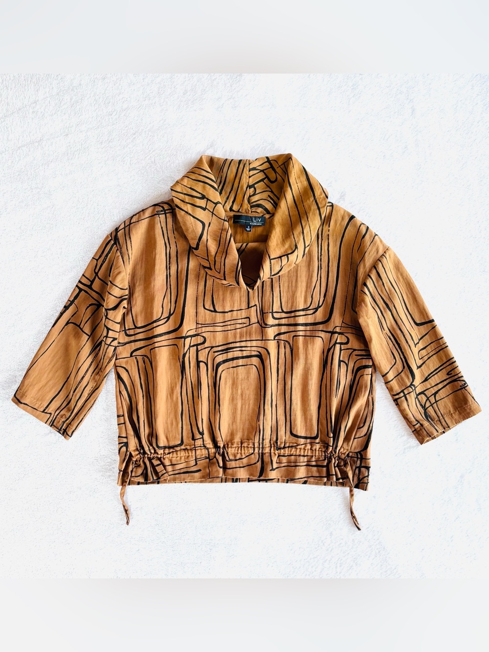 Liv by Habitat Abstract Print Cowl Neck 3/4 Sleeve Shirt, Brown & Black, Size S
